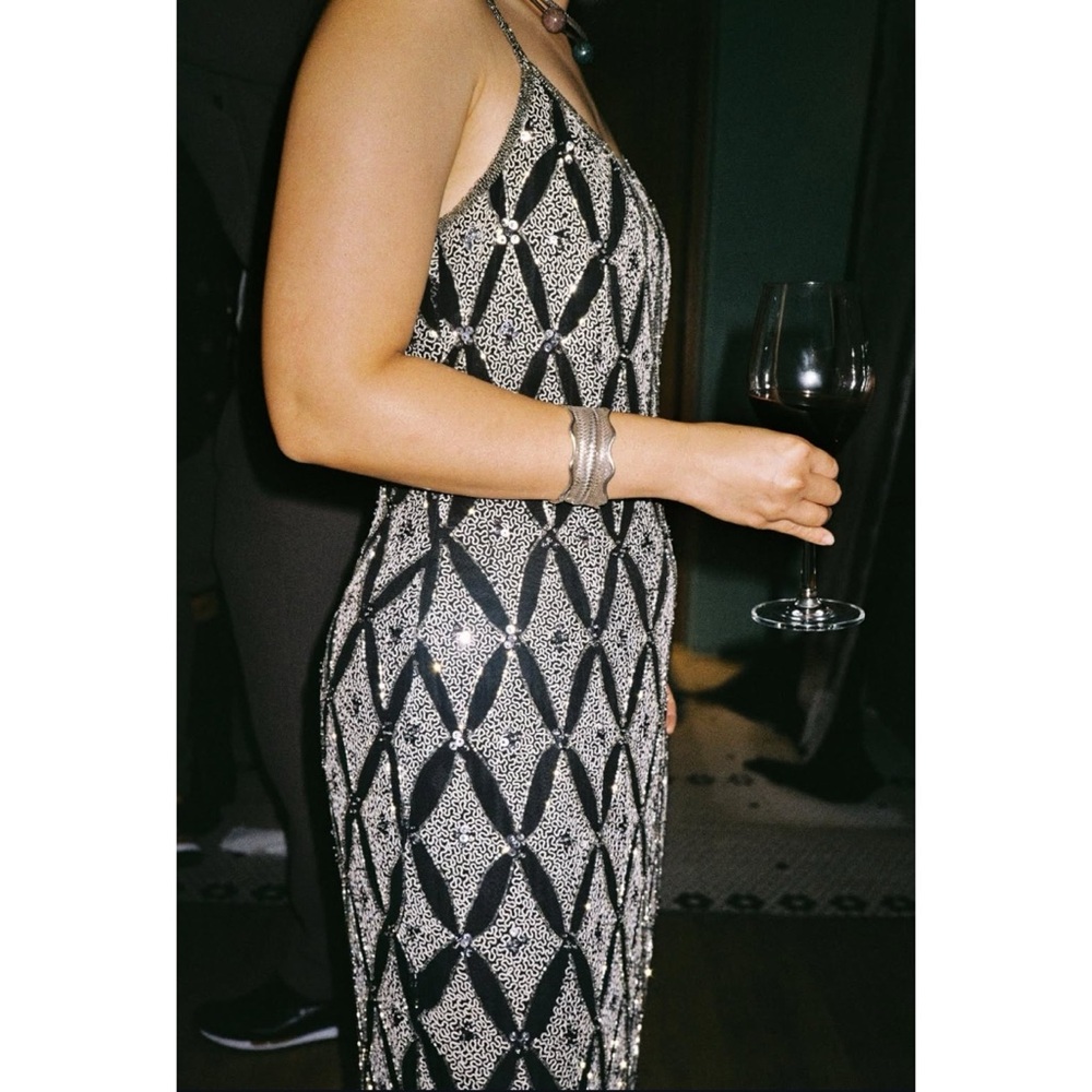 Vintage Papell Boutique Silk Maxi Evening Dress Black Silver Beaded Sequin Gown
